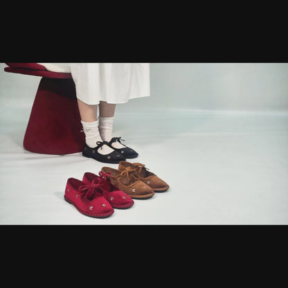 Women's Velvet Mary Jane Ballet Flat Shoes with Bow Straps