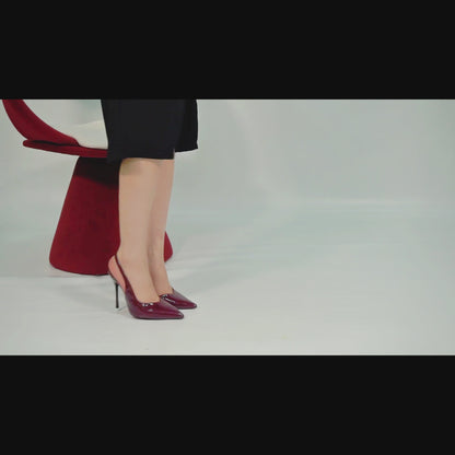 Burgundy Leather Stiletto for Women Closed Pointed Toe Slingback Heel Liquid Burgundy Gloss Sexy Shoes