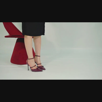 Wine Red Leather Pointed Toe Open Back Stiletto Double Strap Heel for Wedding Party Casual