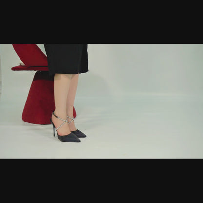 Black Suede Pointed Closed Toe Open Back Stiletto Sandals Cross Strap High Heel Party Dress Shoes