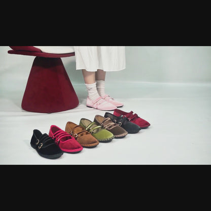 Pink Suede Ballet Flats with Double Gold Buckle Cloud Comfort Insole for Casual Chic Everyday Shoes