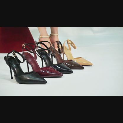 Women's Leather 4.13 INCH High-Heel Stiletto Pointed Toe Slingback Stiletto Heels for Elegant Scene